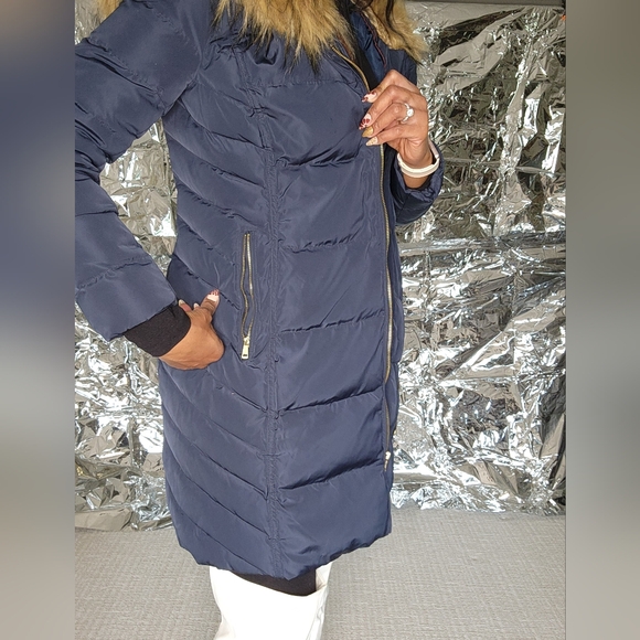 Cole Haan Navy Puffer Jacket with Fur Trim - Picture 7 of 16
